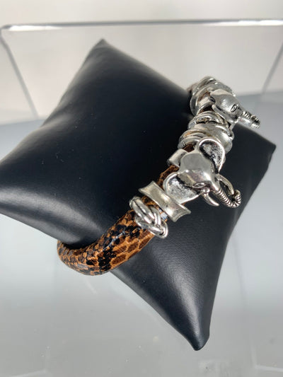 Brown Faux Snake Skin Band Bracelet Featuring Double Elephants