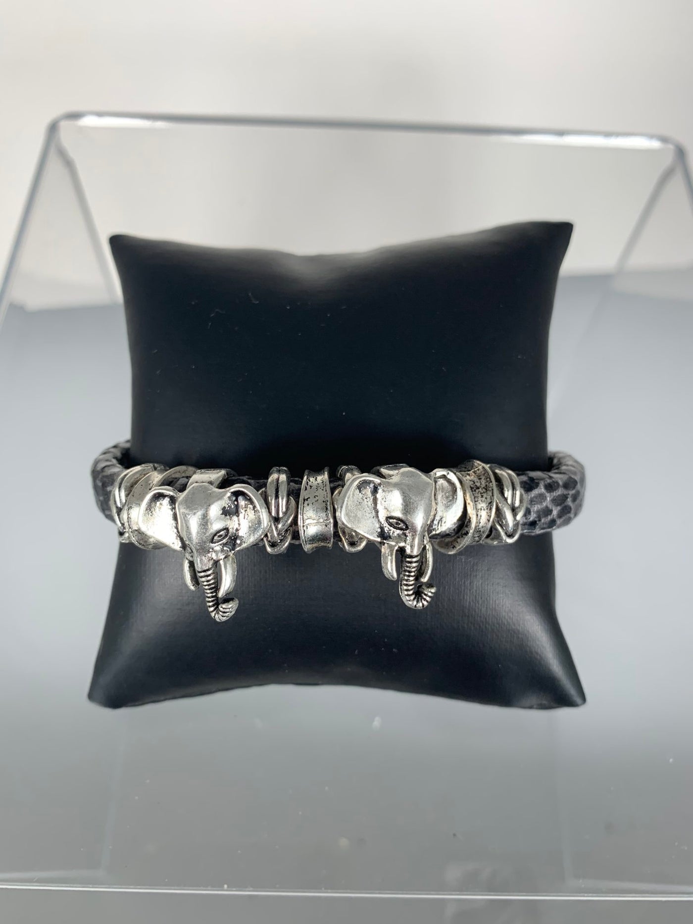 Gray Faux Snake Skin Band Bracelet Featuring Double Elephants