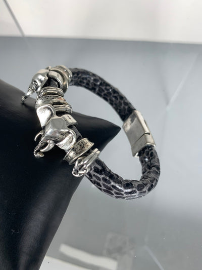 Gray Faux Snake Skin Band Bracelet Featuring Double Elephants