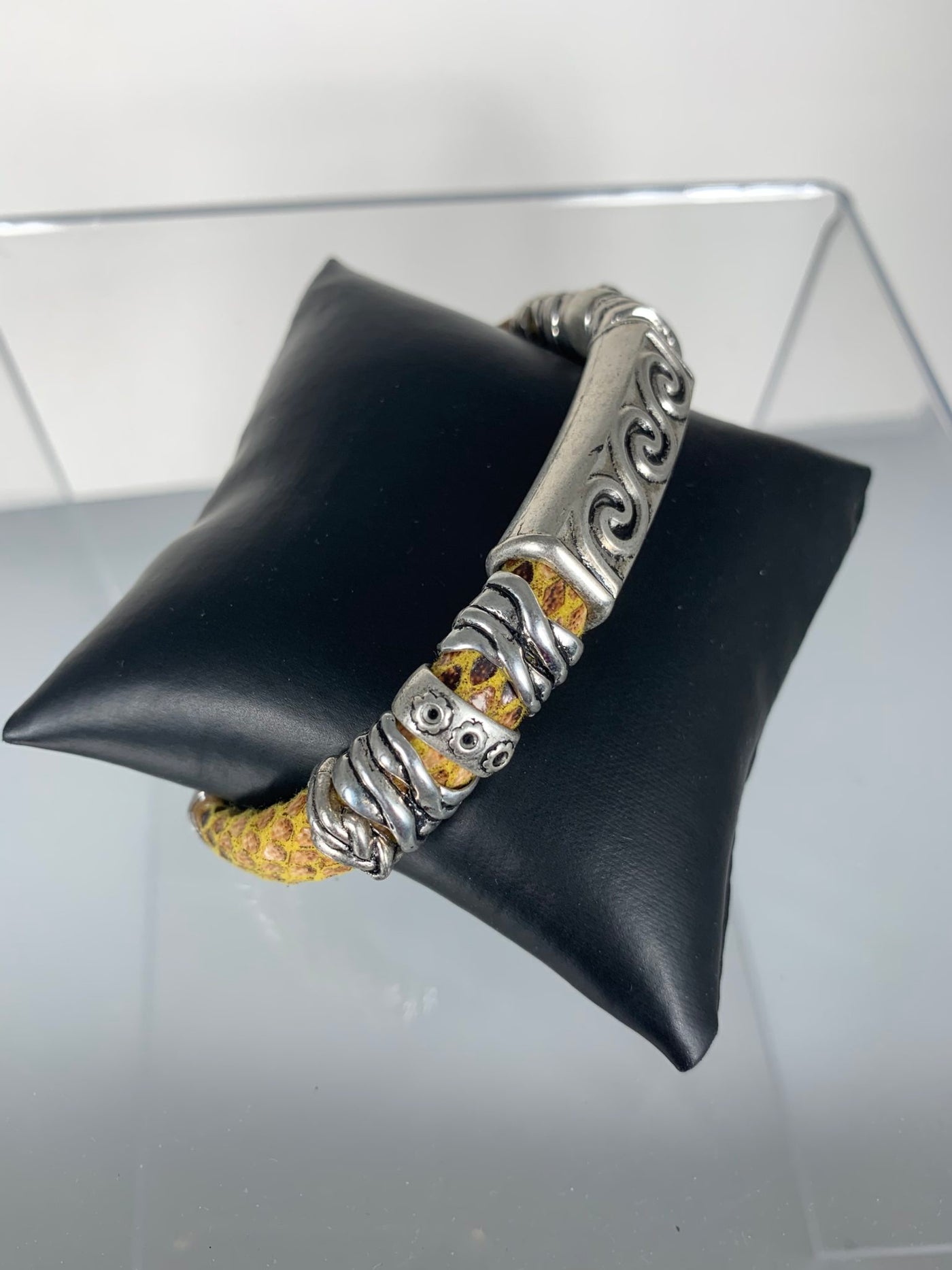 Yellow Faux Snake Skin Band Bracelet Featuring Waves