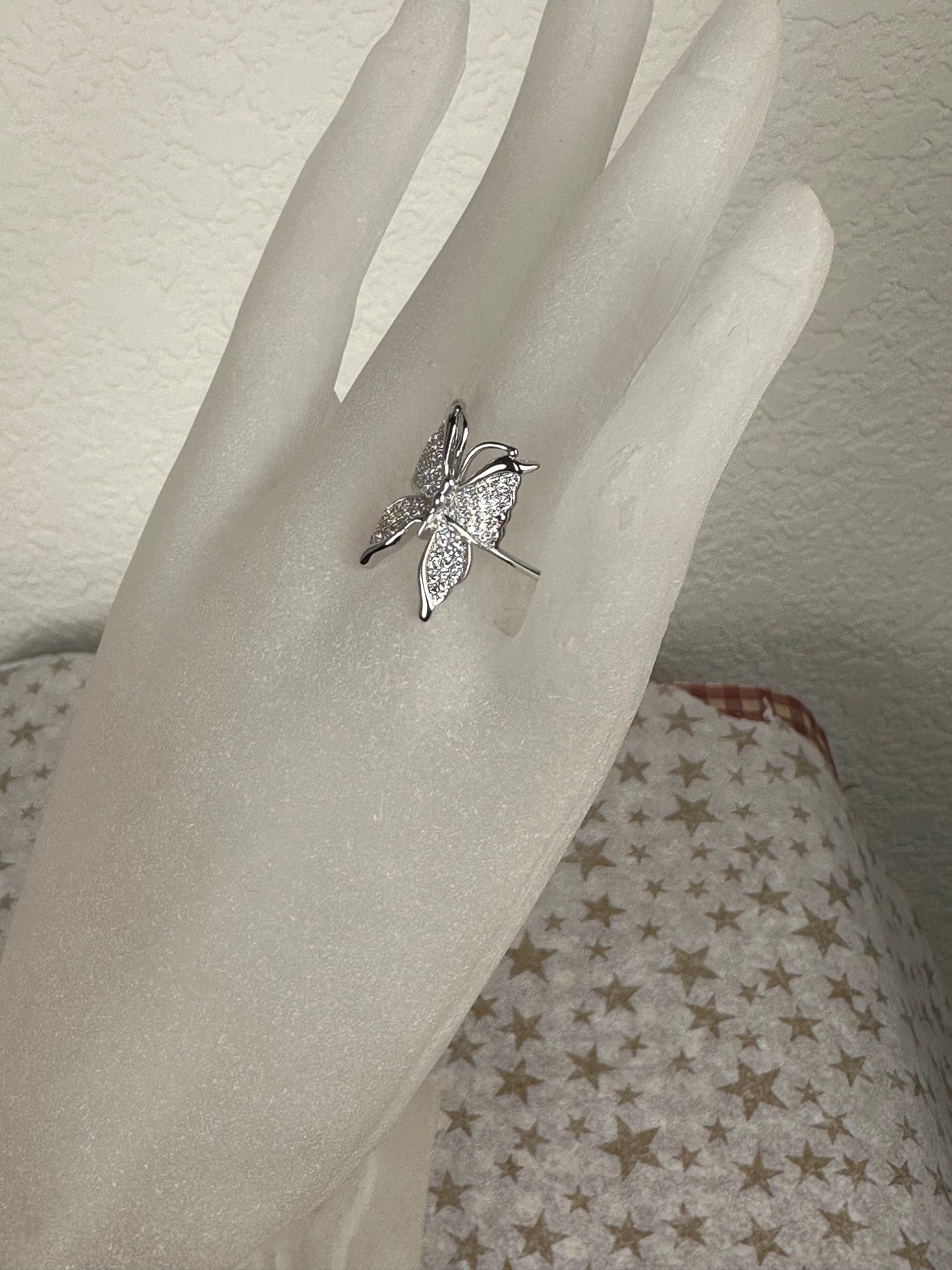 Pave Set Cubic Zirconia Butterfly Ring in Silver Tone with Sizes