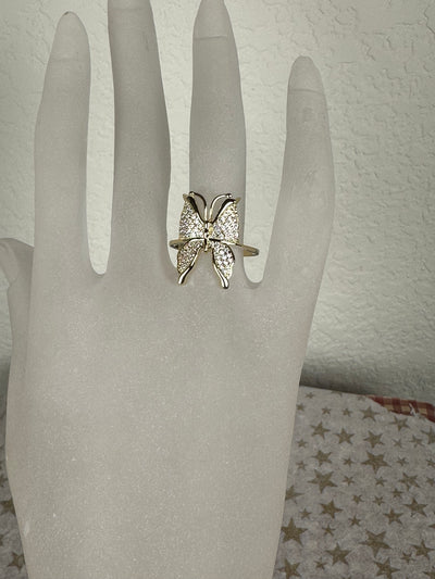 Pave Set Cubic Zirconia Butterfly Ring in Yellow Gold Tone with Sizes