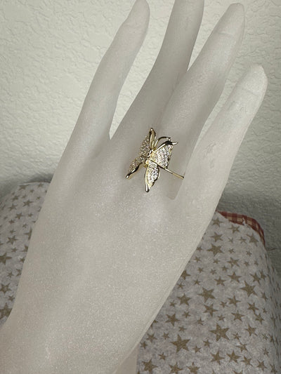 Pave Set Cubic Zirconia Butterfly Ring in Yellow Gold Tone with Sizes