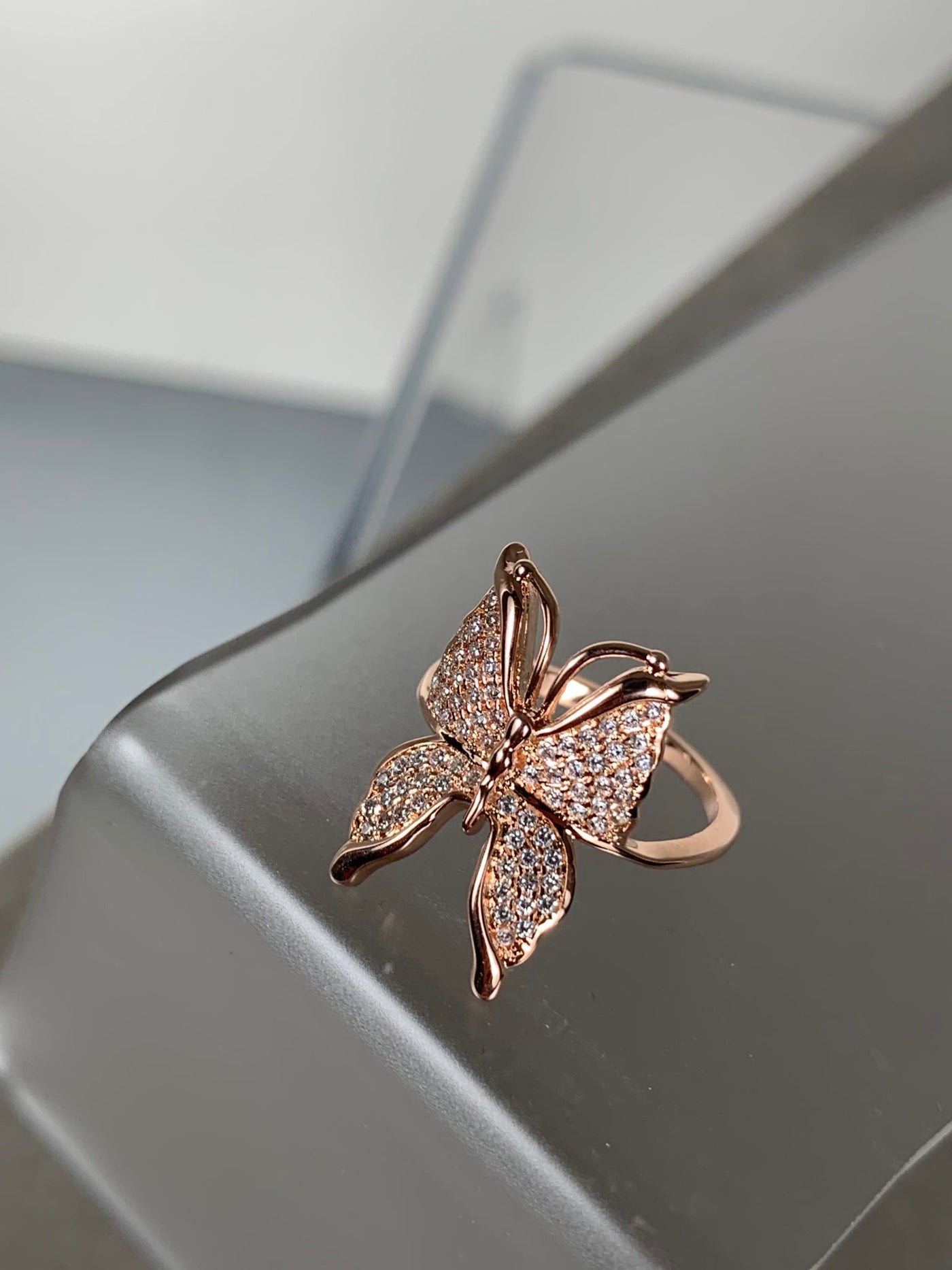 Pave Set Cubic Zirconia Butterfly Ring in Rose Gold Tone with Sizes