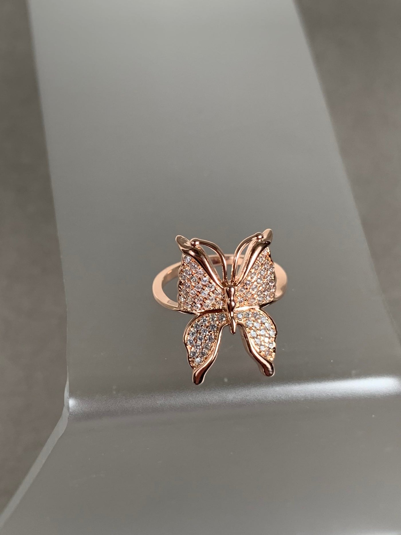 Pave Set Cubic Zirconia Butterfly Ring in Rose Gold Tone with Sizes