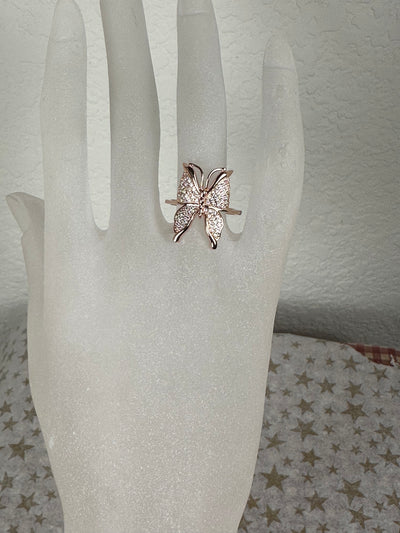 Pave Set Cubic Zirconia Butterfly Ring in Rose Gold Tone with Sizes