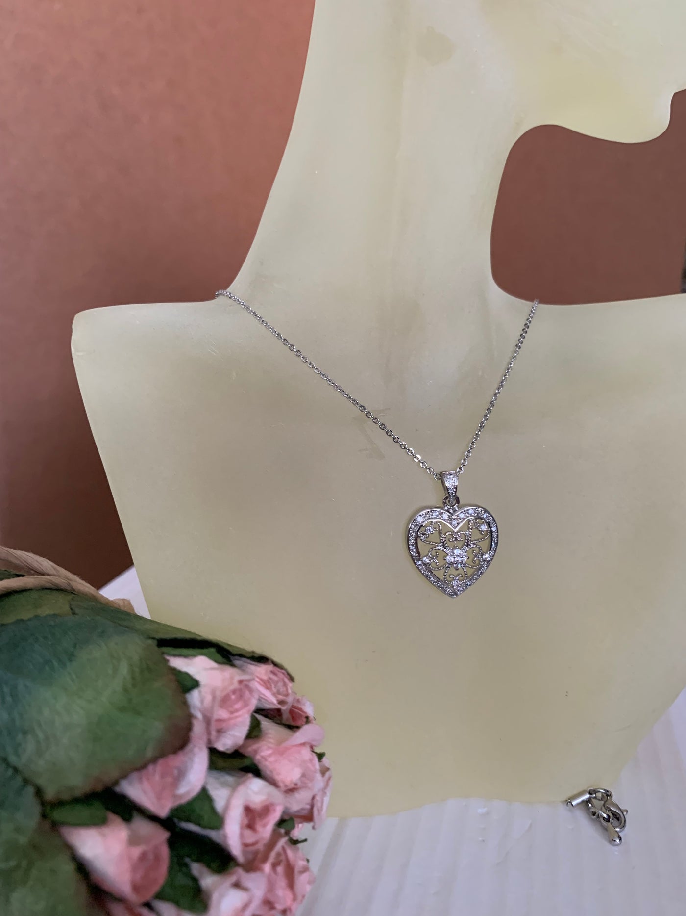 Pave Set Cubic Zirconia Filigree Heart Pendant Necklace in Silver Tone
